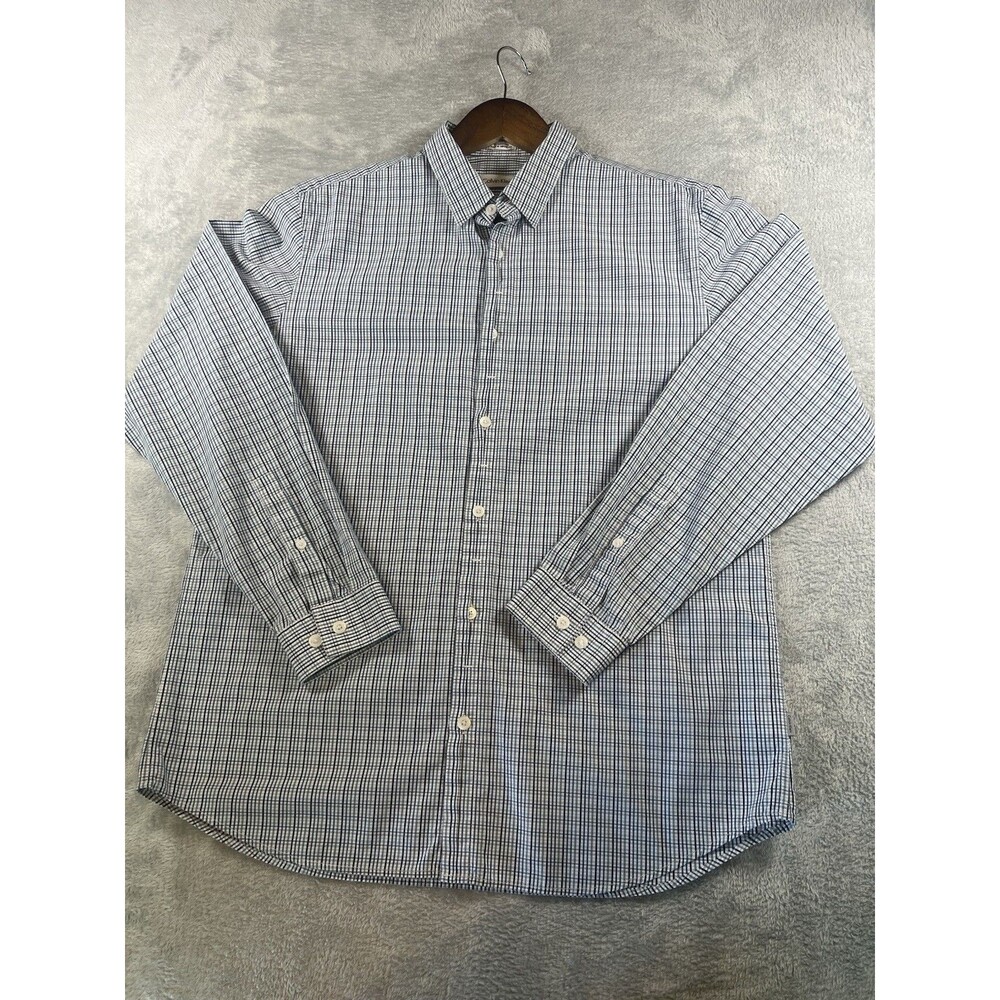 Calvin Klein Dress Shirt Mens Med Blue Plaid Long Sleeve Button Cotton Lt Wt